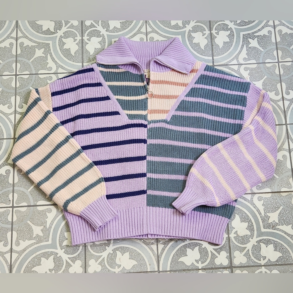 NEW w/ Tags HEM & THREAD Stripe Color Block Quarter Zip Sweater L